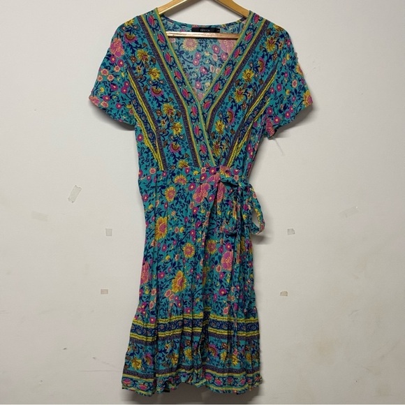 Zesica Wrap V Neck Boho Floral Print Ruffle Swing A Line Beach Mini Dress Green - Picture 1 of 8